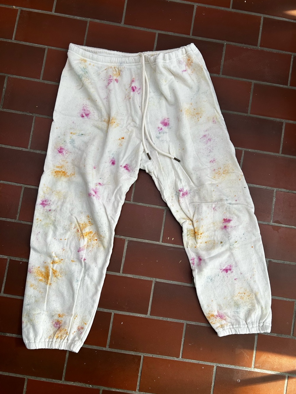 THE GREAT. White Sweatpants with Pink & Yellow Tie-Dye Splatter